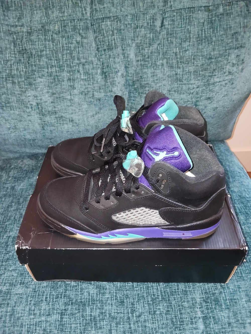 Jordan Black with Purple and Teal Accents Retro 5 Basketball Shoes